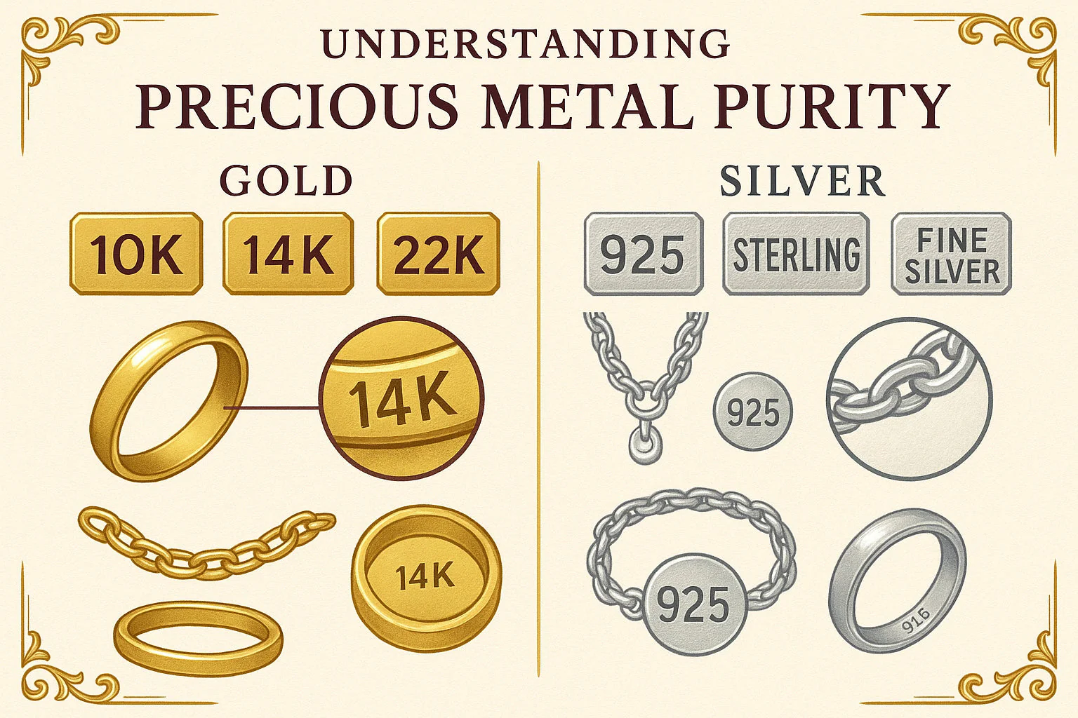 An infographic showing how to authenticate 24K gold, including hallmark verification, specific gravity test, and XRF analysis.