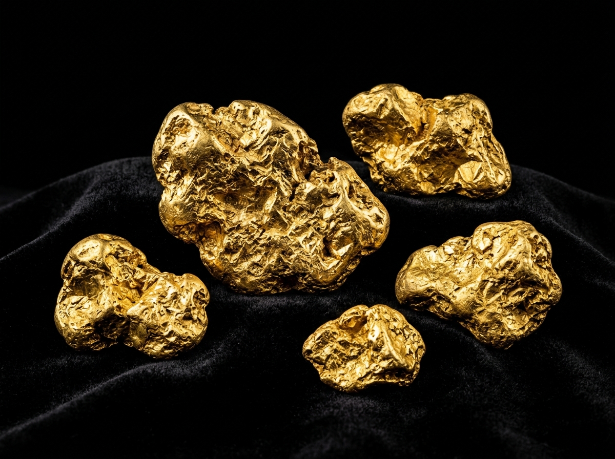 Large natural gold nuggets on black surface